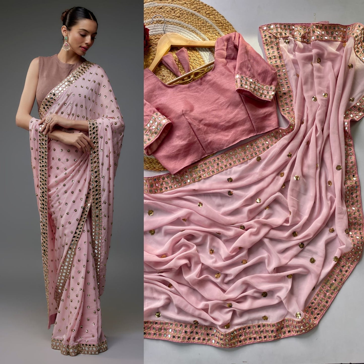 Party wear with mirror work saree light pink colour