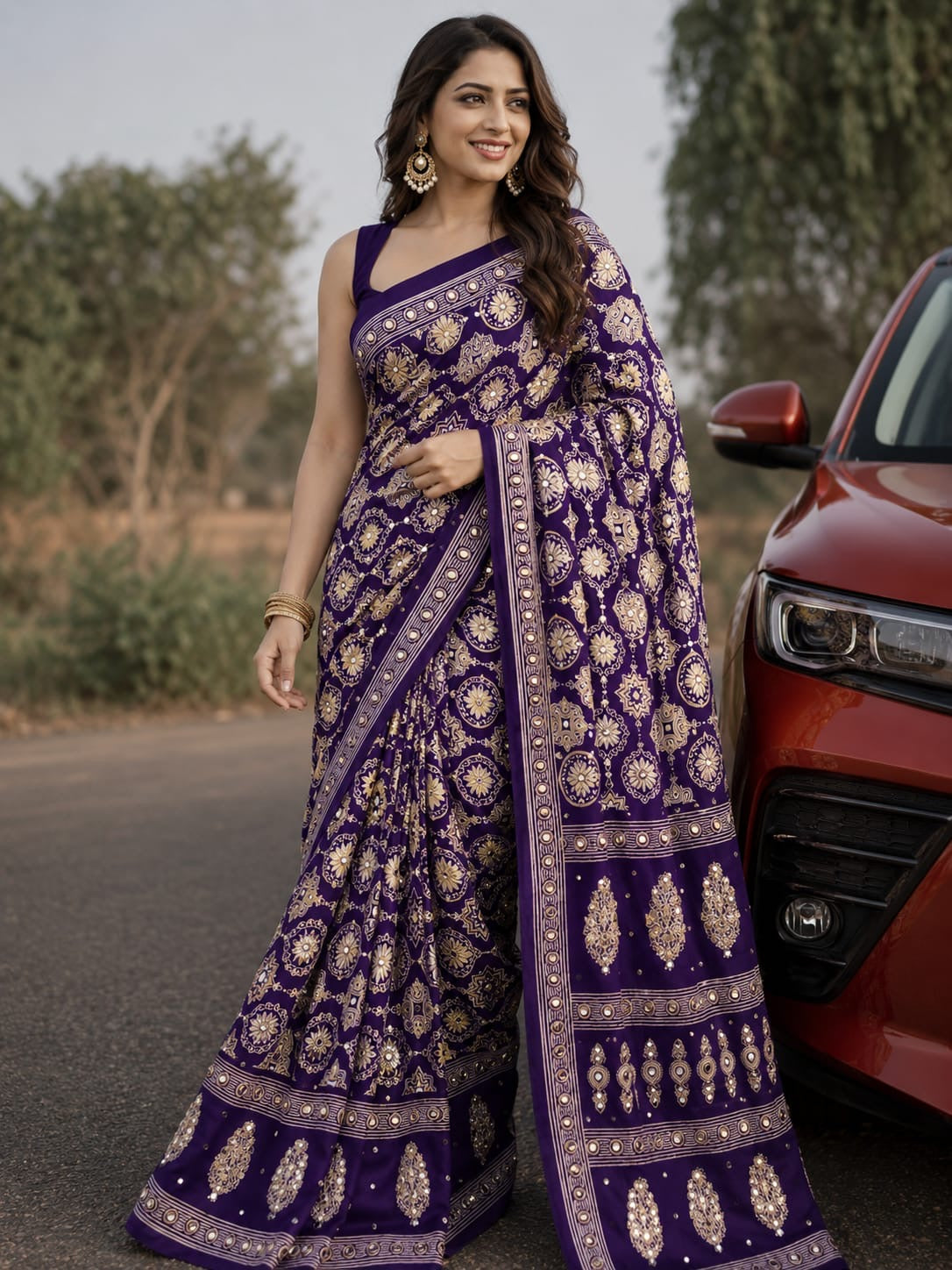 Ajrack model Silk with mirror work - purple