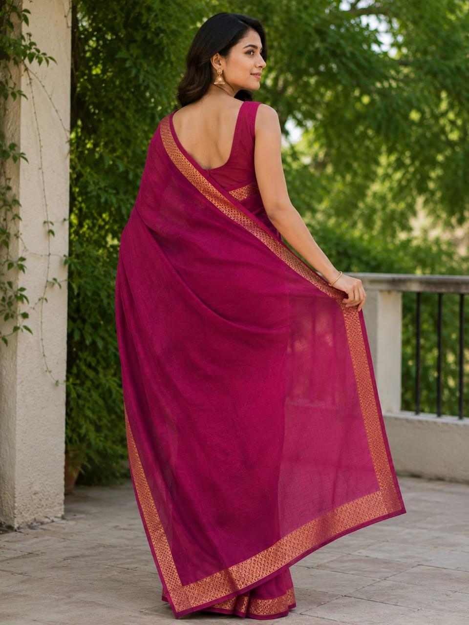 Mysore crep semi -Silk Blend Saree Featuring Rich Traditional Gold Border-  with small boarder- Rani Pink
