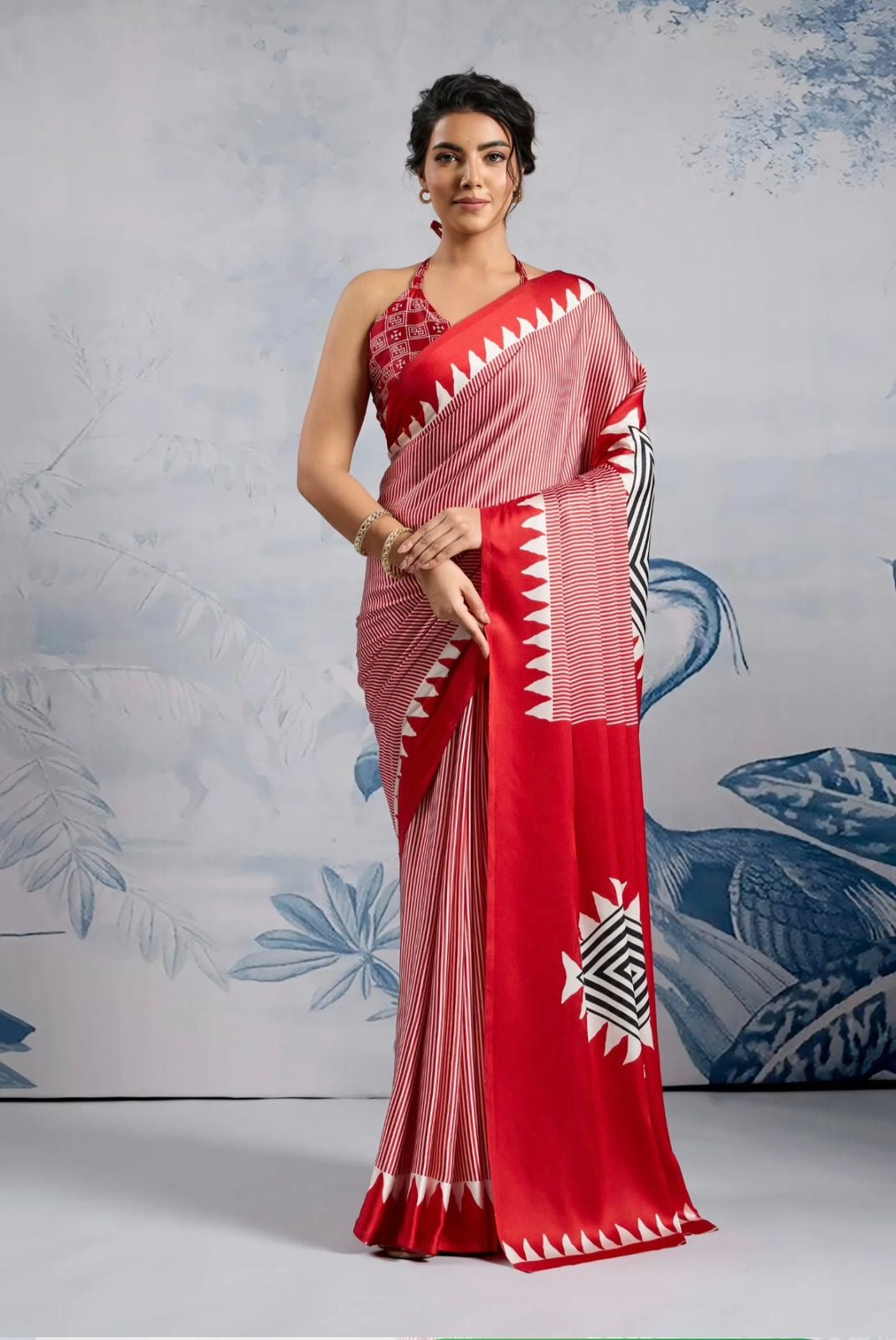 Satin Silk -red triangle print saree