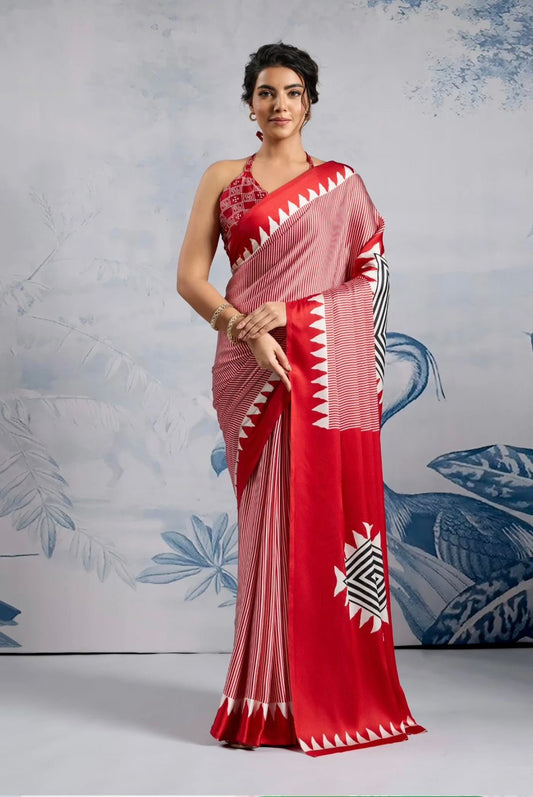 Satin Silk -red triangle print saree