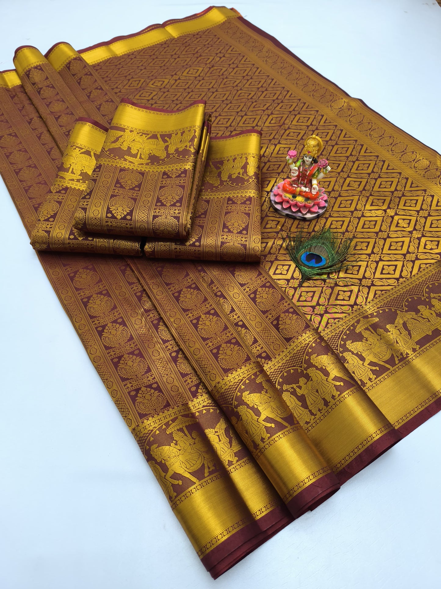 Kanchipuram silk for festival and occasion - marron with golden Zari boarder