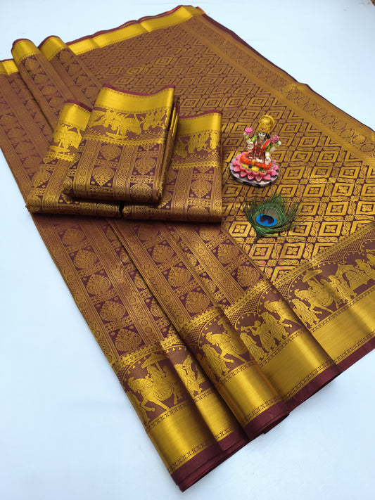 Kanchipuram grand wedding silk Pattu  silk for festival and occasion - marron with golden Zari boarder