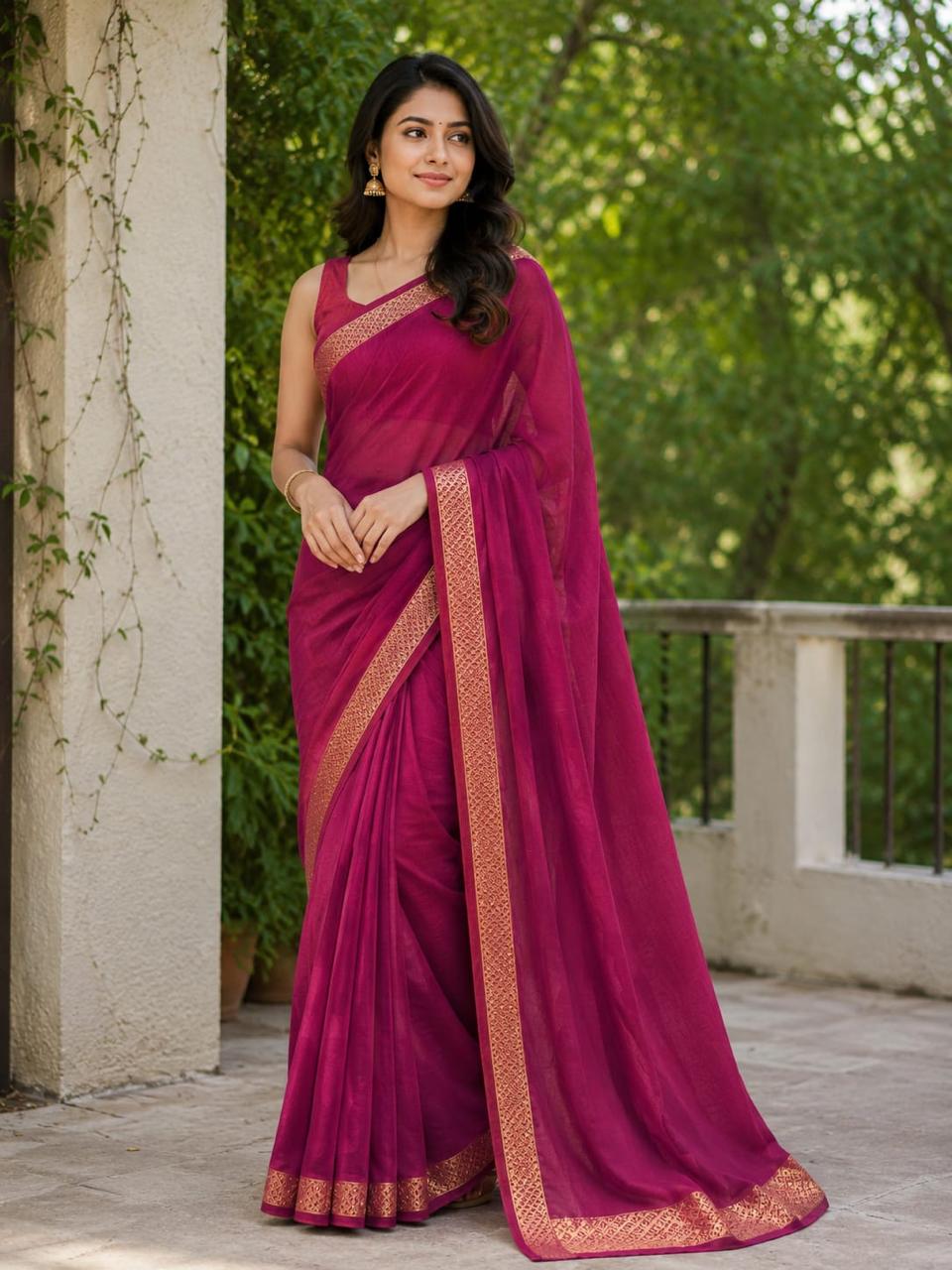 Mysore crep semi -Silk Blend Saree Featuring Rich Traditional Gold Border-  with small boarder- Rani Pink