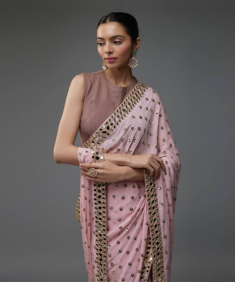 Party wear with mirror work saree light pink colour