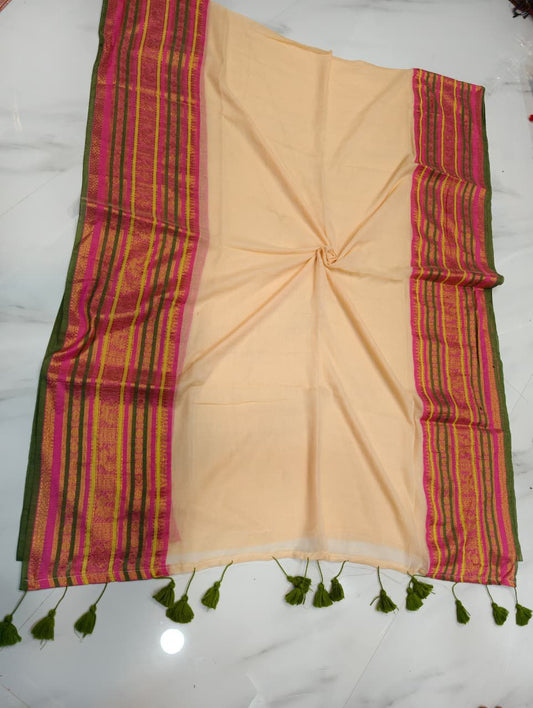 Mul Cotton soft saree - multi colour with strip boarders onam special saree