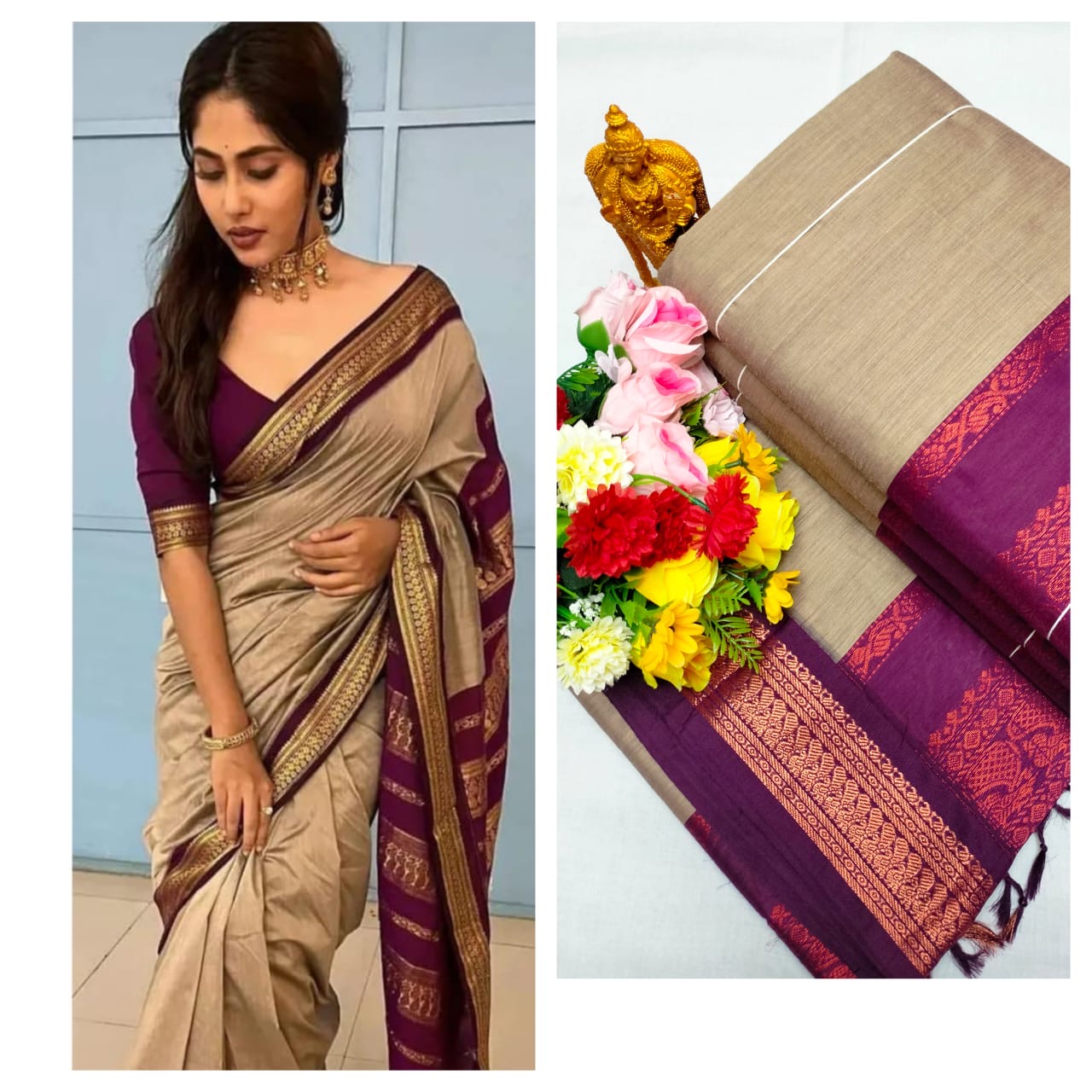 Kalyani cotton saree/Lata Gadwal Paithani -grey colour with dark wine with golden zari boarder