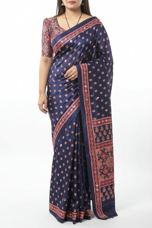 Pure Ajrack model Silk with mirror work - Navy blue