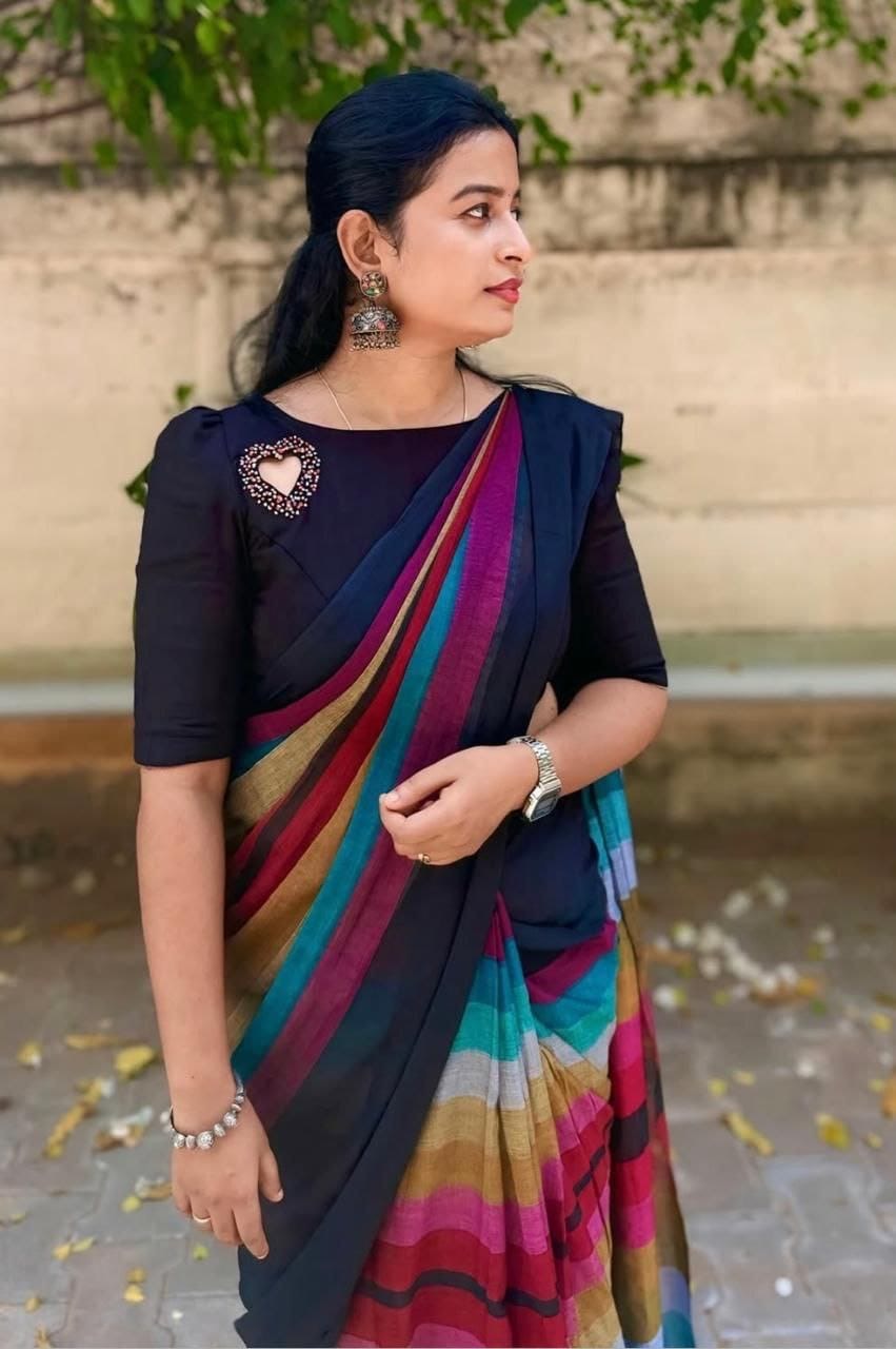 Mul Cotton soft saree - rainbow colour navy shade