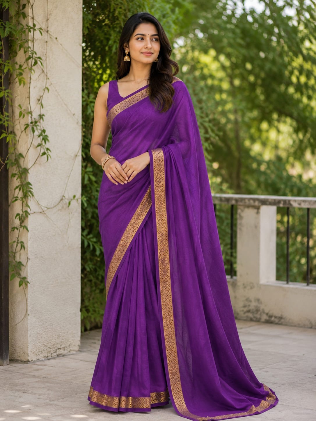 Mysore crep semi -Silk Blend Saree Featuring Rich Traditional Gold Border-  with small boarder- purple