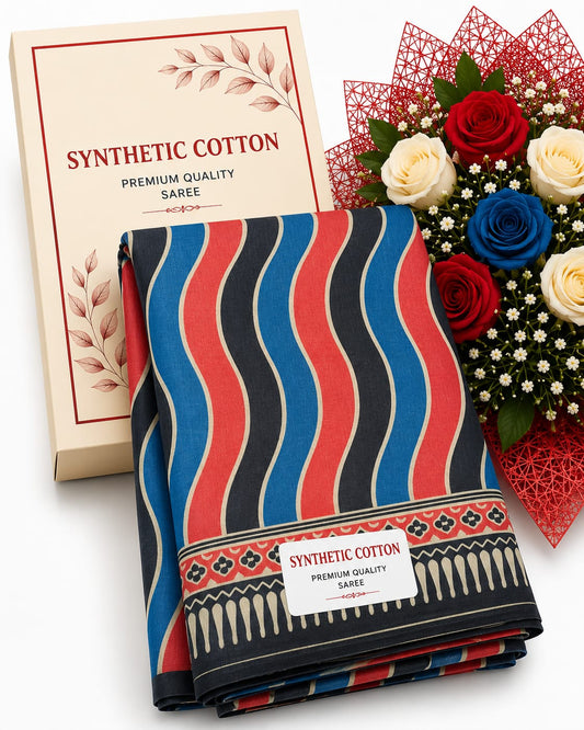 Synthetic Cotton -small flower -strips blue black cream