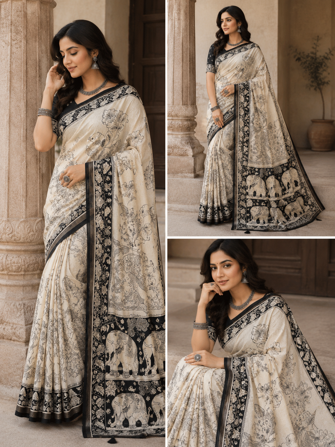 Kalamkari Dola Print saree  Design -7 -dola Silk - black and cream