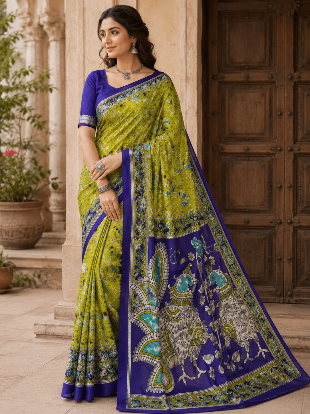 Kalamkari Dola Print saree  Design -8 -dola Silk -green purple contract blouse