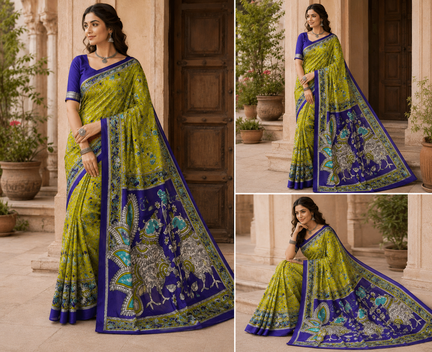 Kalamkari Dola Print saree  Design -8 -dola Silk -green purple contract blouse