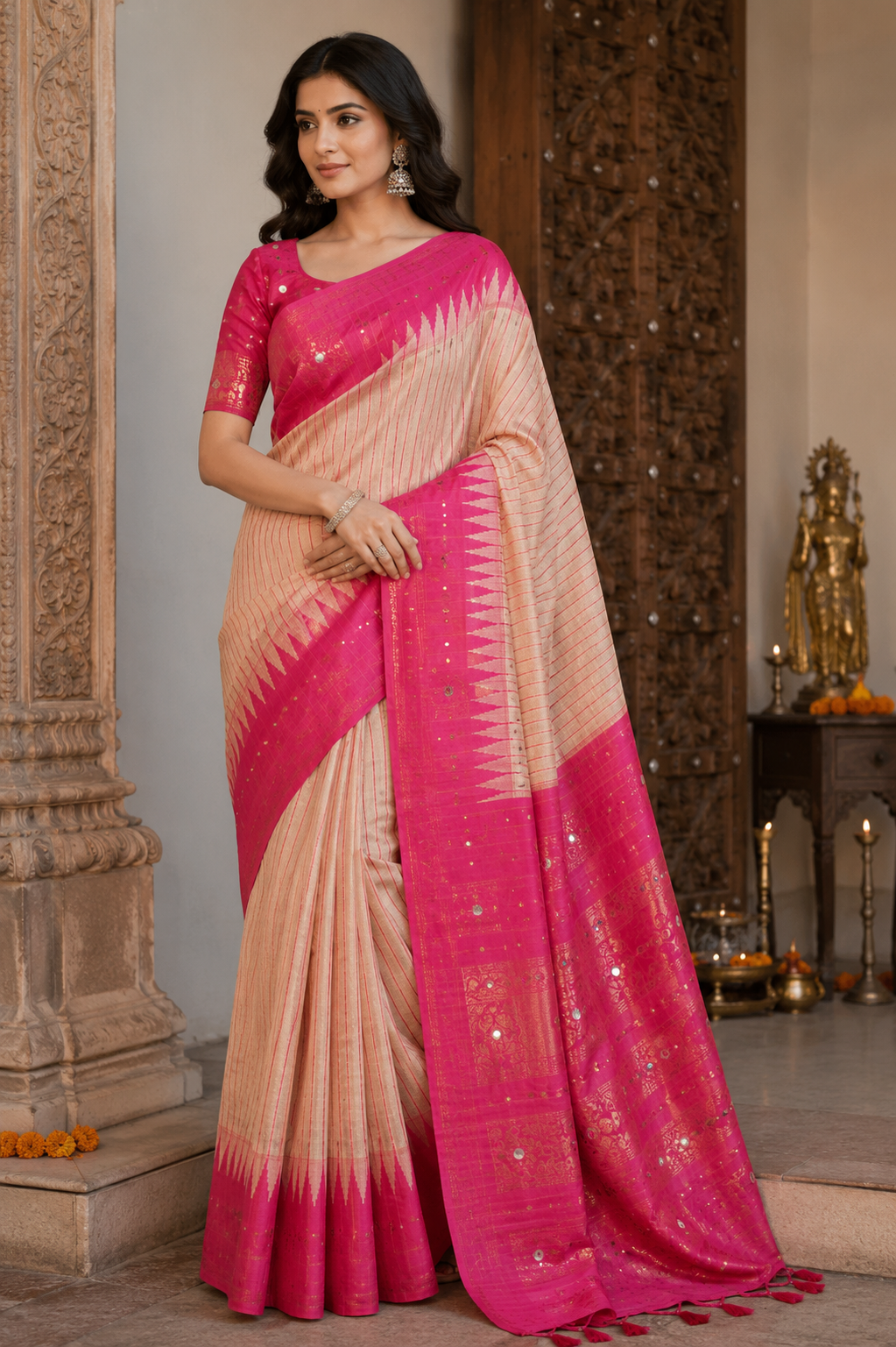 Kalyani cotton saree/Lata Gadwal Paithani -Light pink with boarder peach colour saree