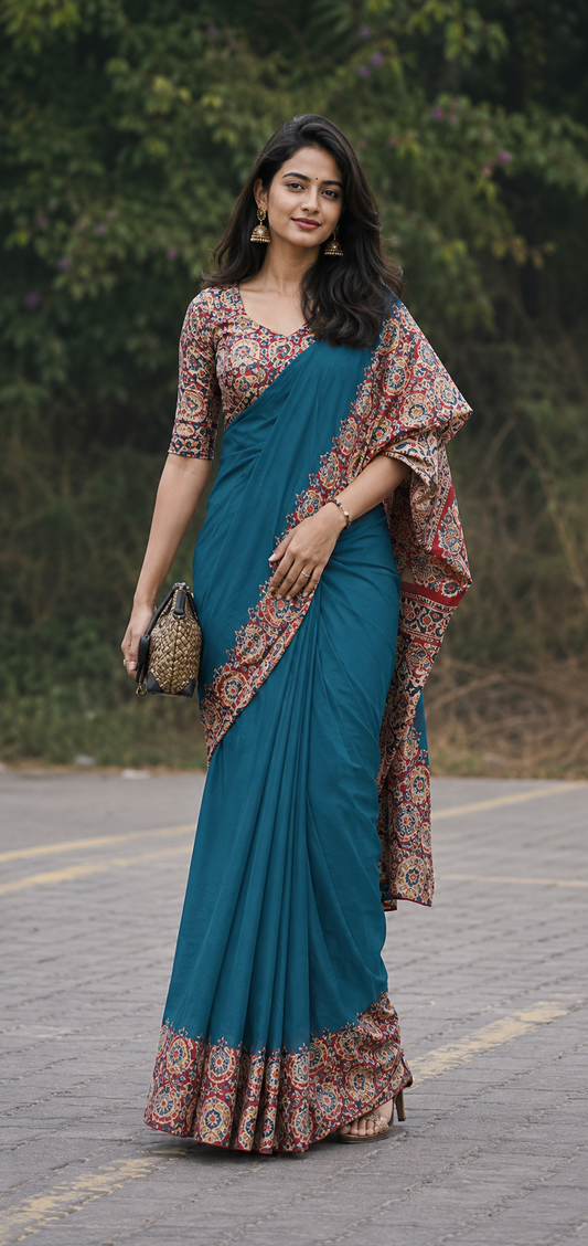 Linen cotton premium quality -blue plain saree with boarder