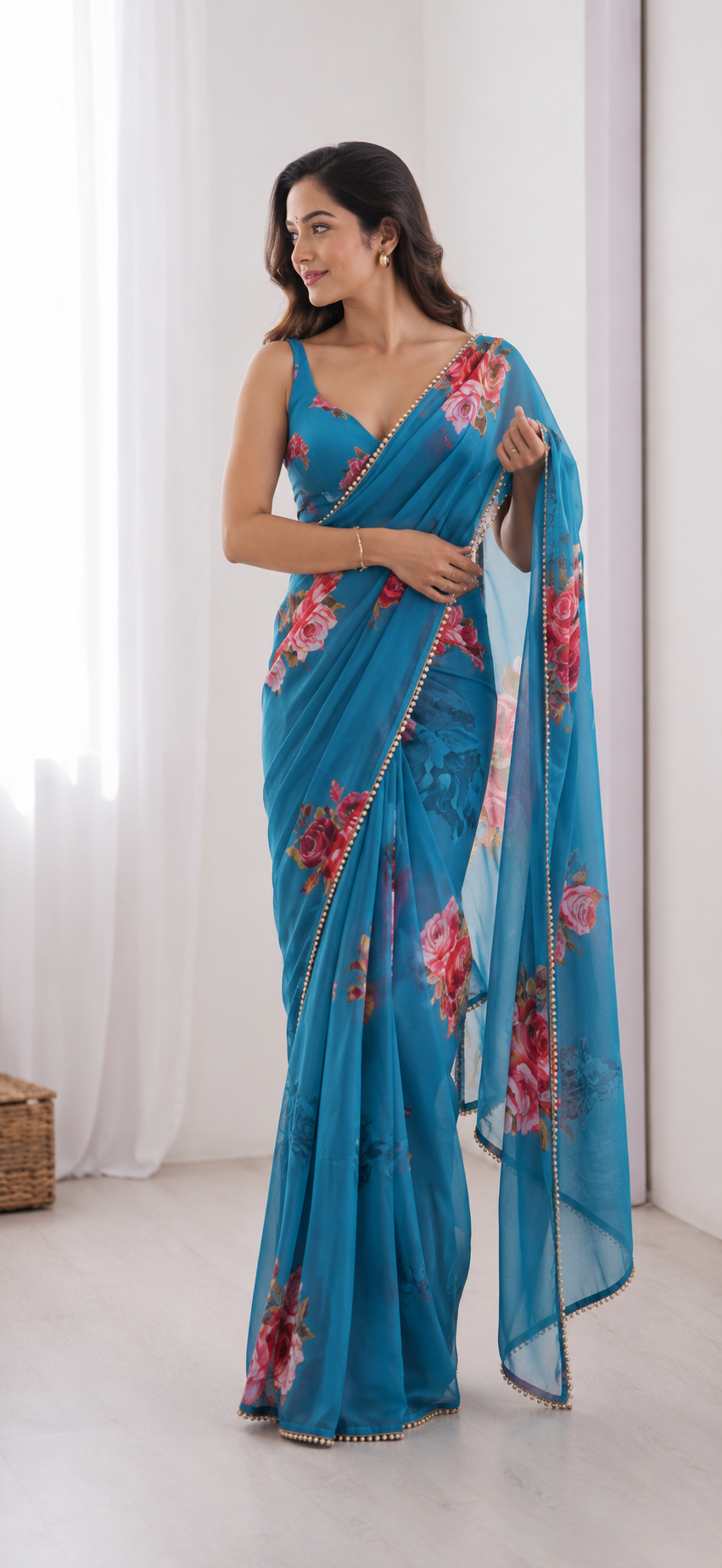Elegant Black Floral Organza Georgette Saree-sky blue