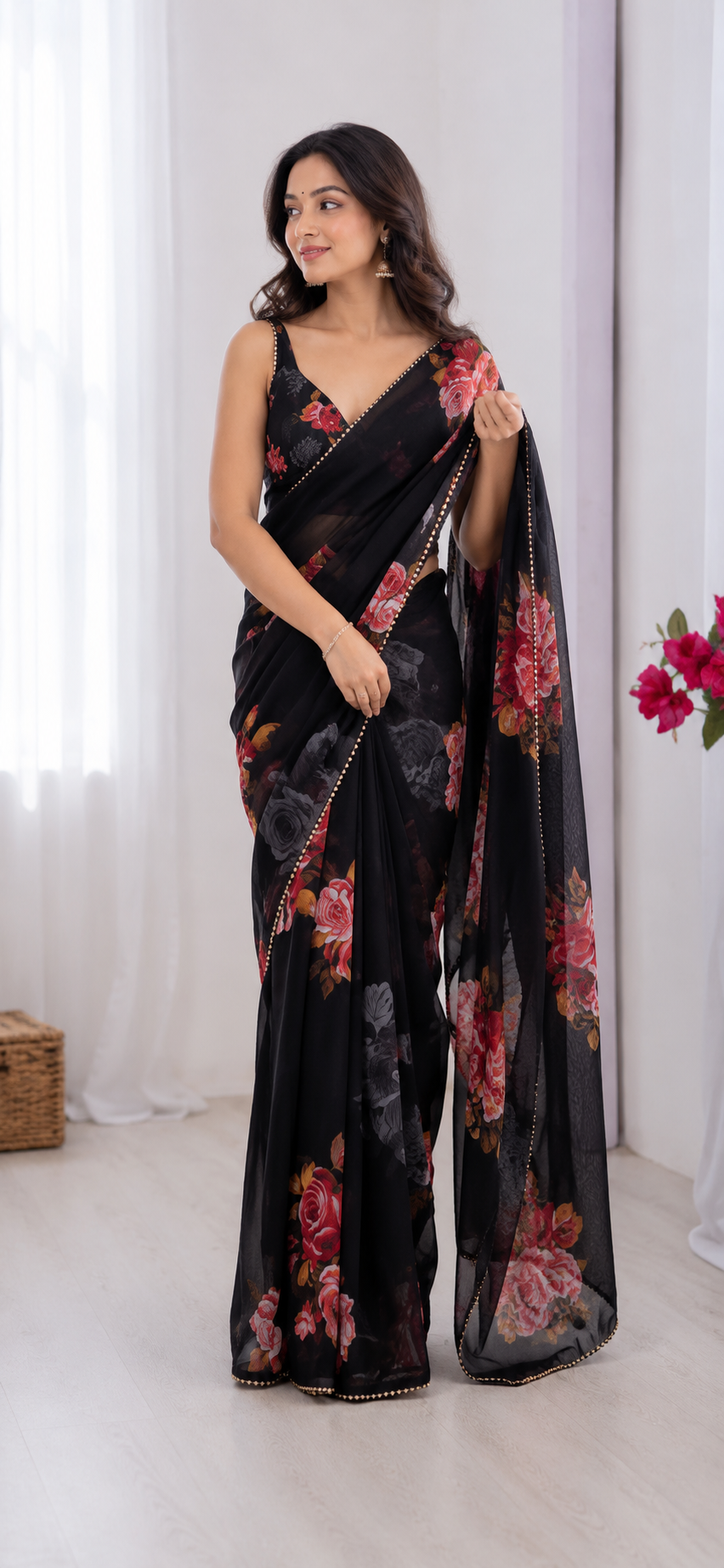 Elegant Black Floral Organza Georgette Saree-Black