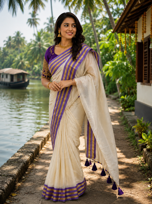 Onam special saree Mulcotton ~blue lines boader