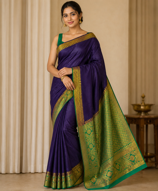 Mysore crep Semi soft silk 4- Blue with contract green boarder very beautiful and soft