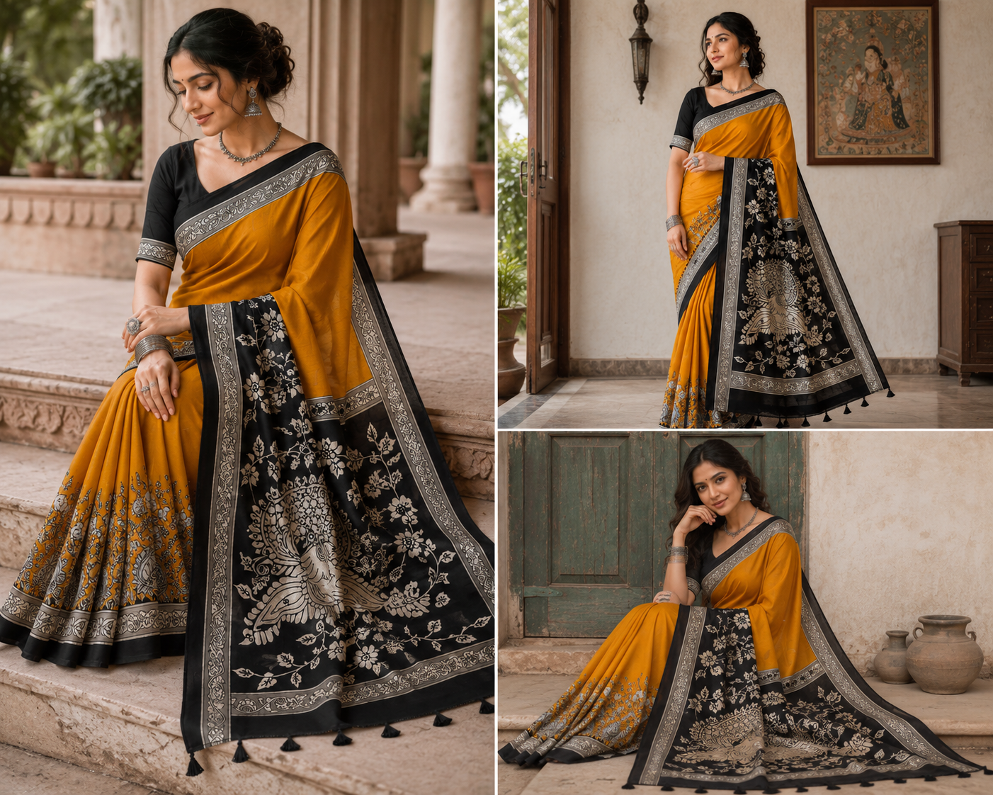 Kalamkari Dola  Silk Print saree -1 -yellow and black