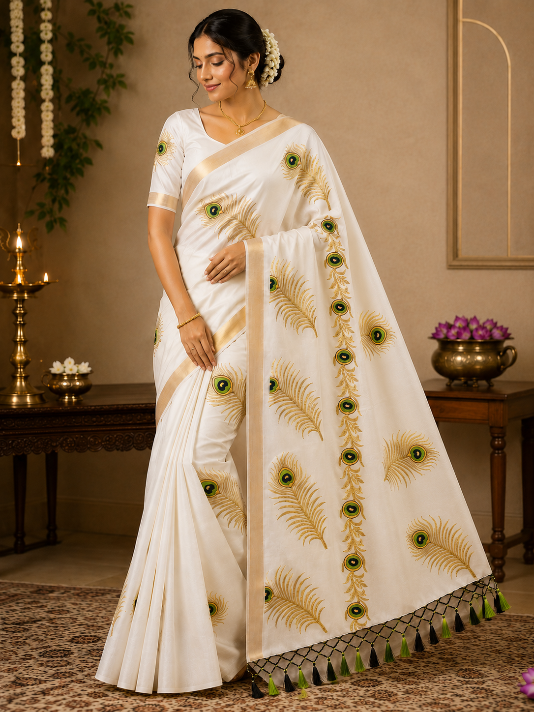 Kerala Cotton with leaf with Yellow green design