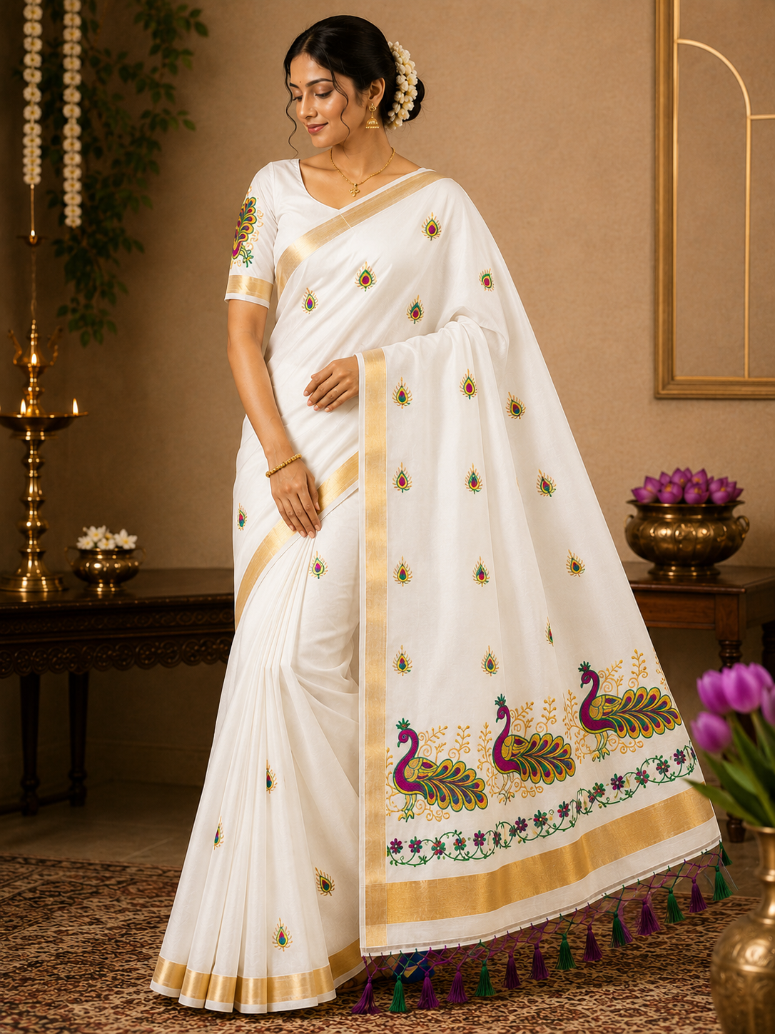 Kerala Cotton with peacock design -3 magenta green golden mix