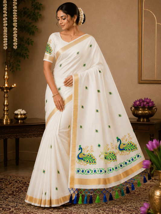 Kerala Cotton with peacock green design