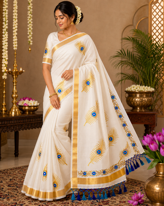 Kerala Cotton with leaf with blue design