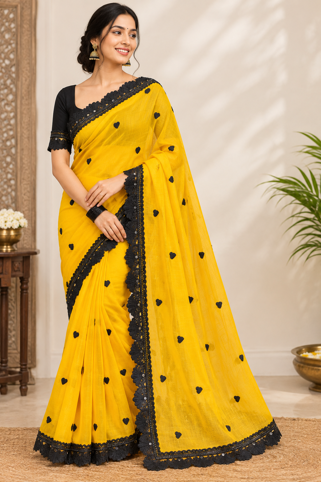 Premium Mul Embroidery work -yellow