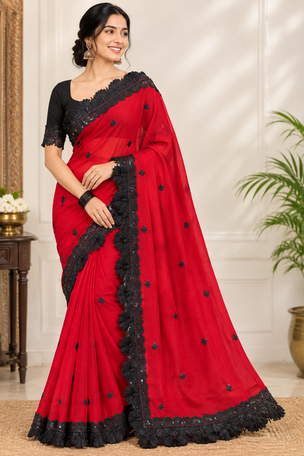 Premium Mul Embroidery work -red