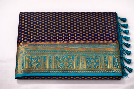 Banarasi Saree with small buttas- Navy Blue with zari boarder