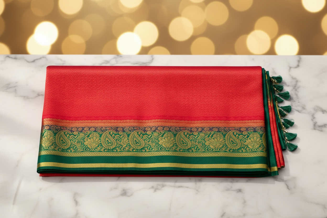 Mysore Soft Silk- Orange with green boarder