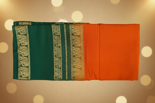 Semi-Crepe Silk Saree with Elephant Bentex Border | Contrast Color Designer Saree- Forest Green and Orange Saree with Traditional Elephant Bentex Border