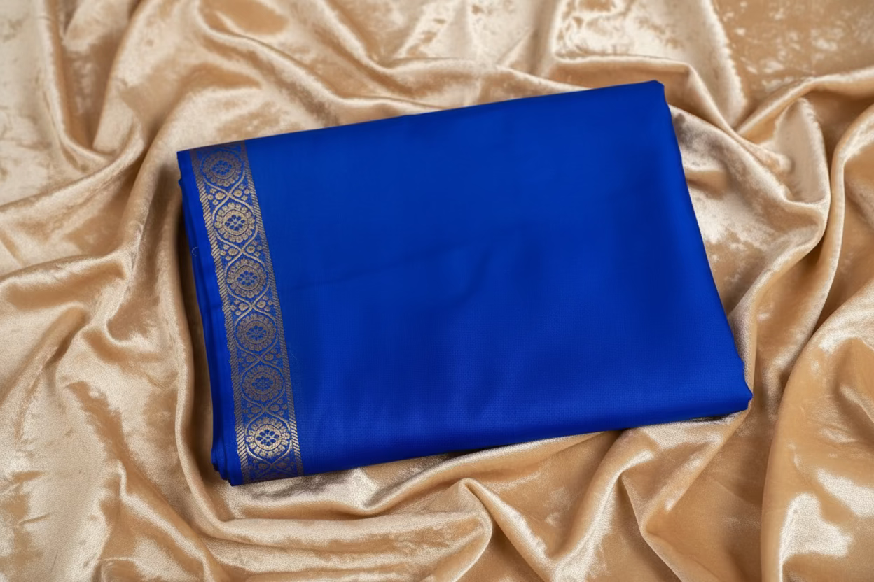 Saree -Crep semi silk royal blue fabric with golden boarder.