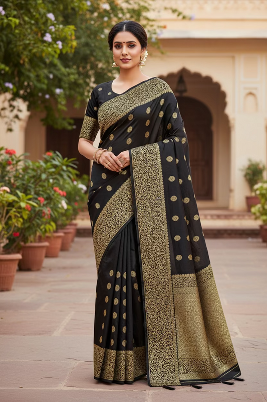 Saree -black traditional ethnic fabric with golden boarder and golden buttas