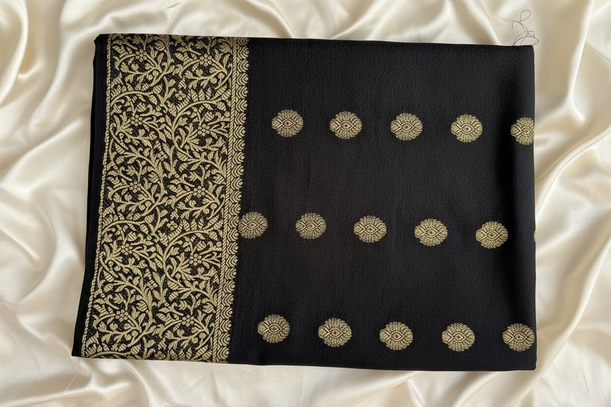 Saree -black traditional ethnic fabric with golden boarder and golden buttas