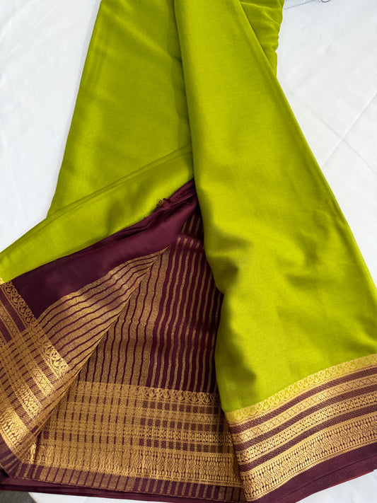 Mysore silk- lemon green with brown double boarder