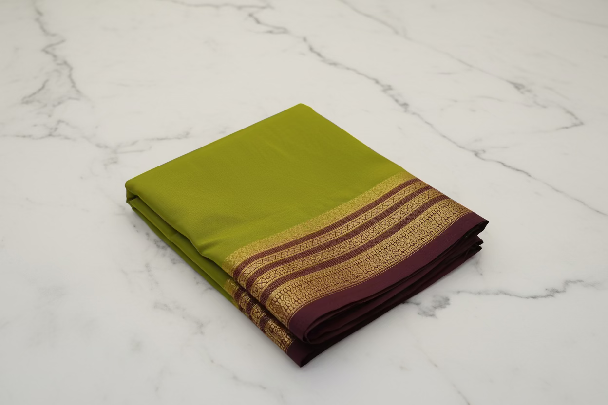 Mysore silk- lemon green with brown double boarder