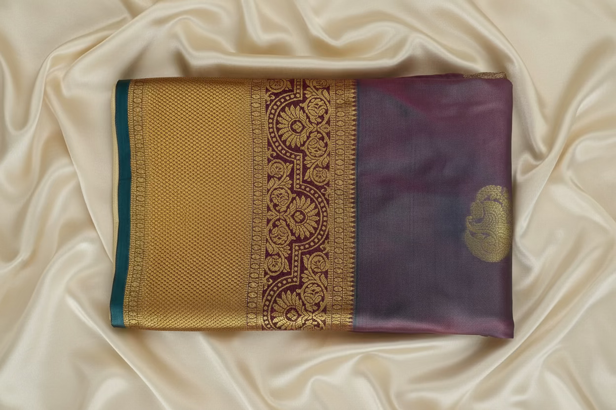 Silk in Kanchipuram boarder Saree with Zari boader -royal purple or violet base, heavily embellished with elaborate gold Zari patterns