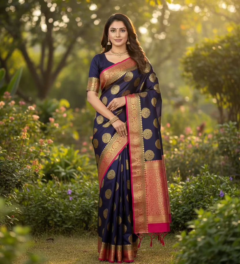 Banarasi soft silk - Navy Blue with circular patterns and contract blouse