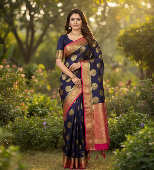 Banarasi soft silk - Navy Blue with circular patterns and contract blouse