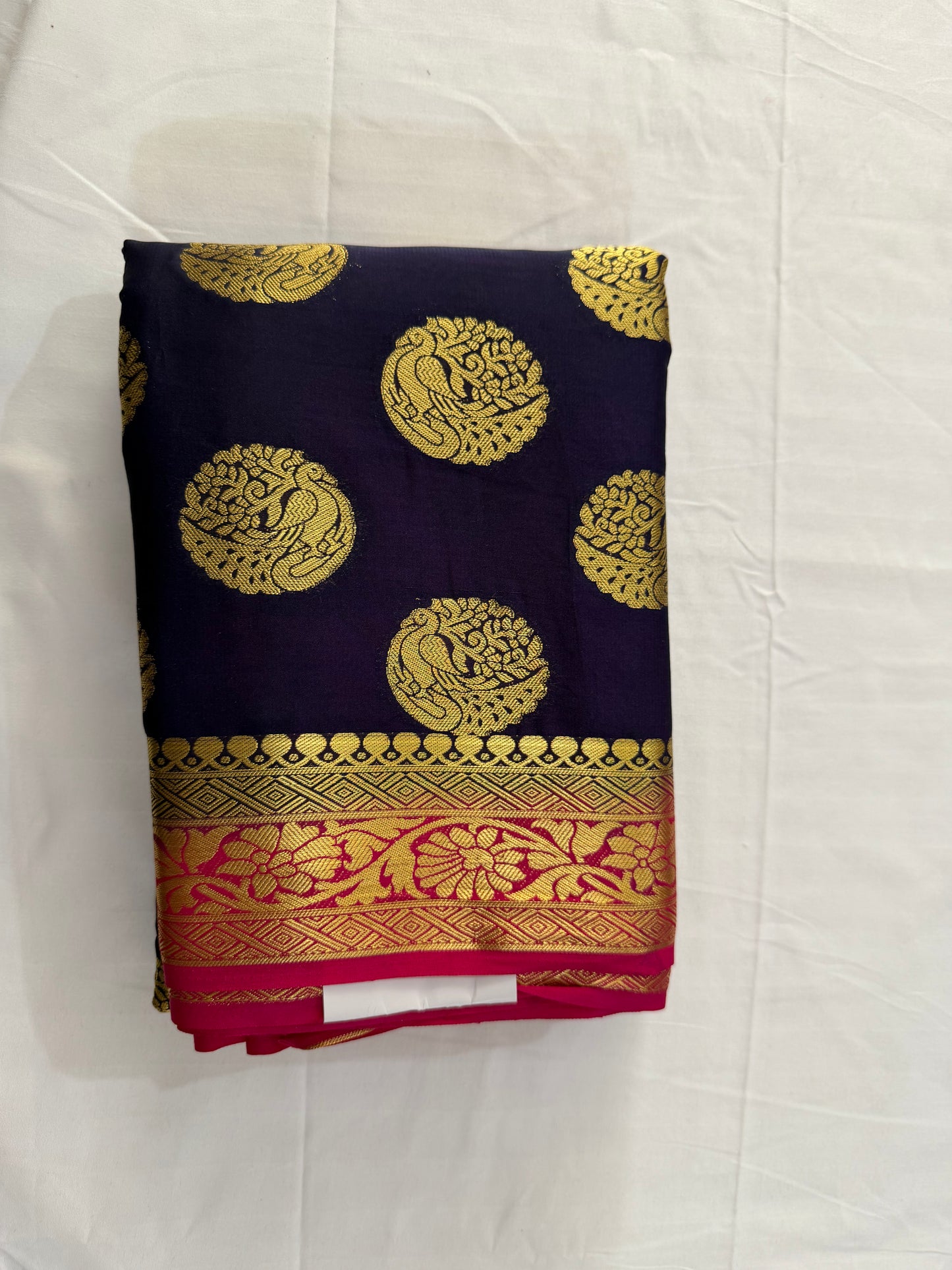 Banarasi soft silk - Navy Blue with circular patterns and contract blouse