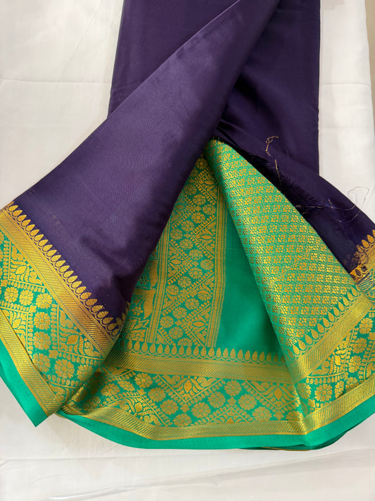 Mysore crep Semi soft silk 4- Blue with contract green boarder very beautiful and soft