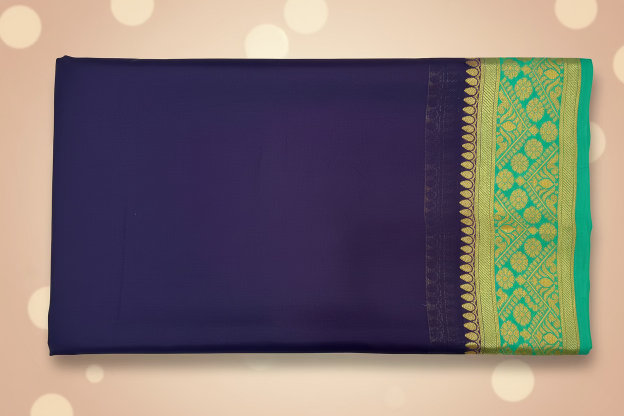 Mysore crep Semi soft silk 4- Blue with contract green boarder very beautiful and soft