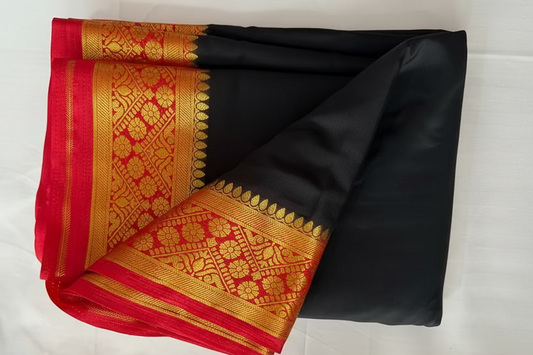 Banarasi saree soft silk -Black saree with red shade flower boarder