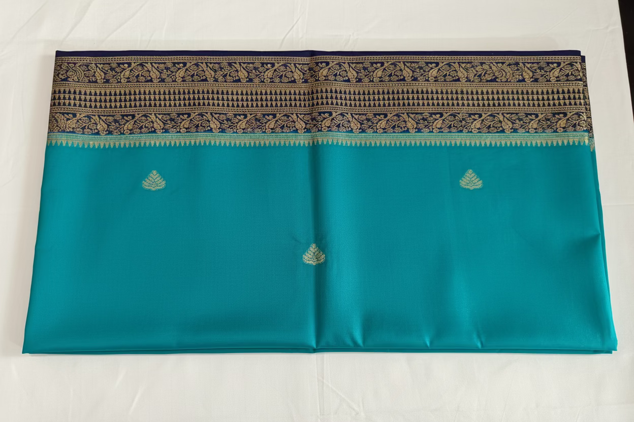 Semi soft Mysore crep silk saree with peacock design -1  light blue shade very soft silk with small buttes.