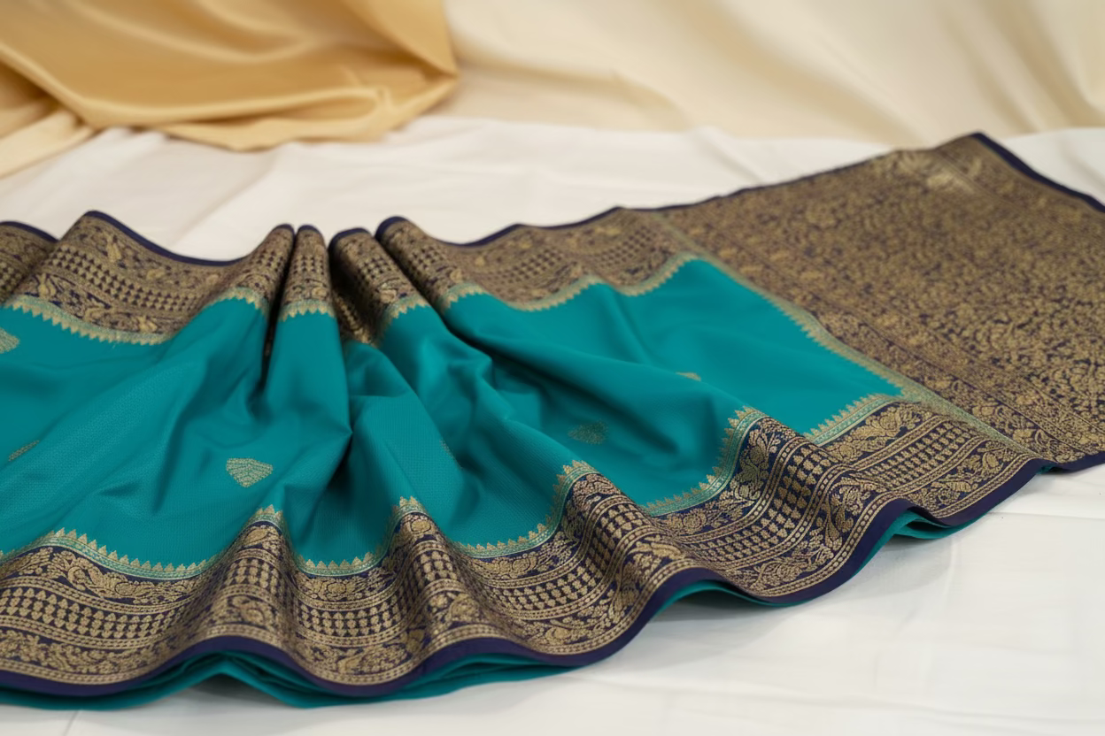 Semi soft Mysore crep silk saree with peacock design -1  light blue shade very soft silk with small buttes.
