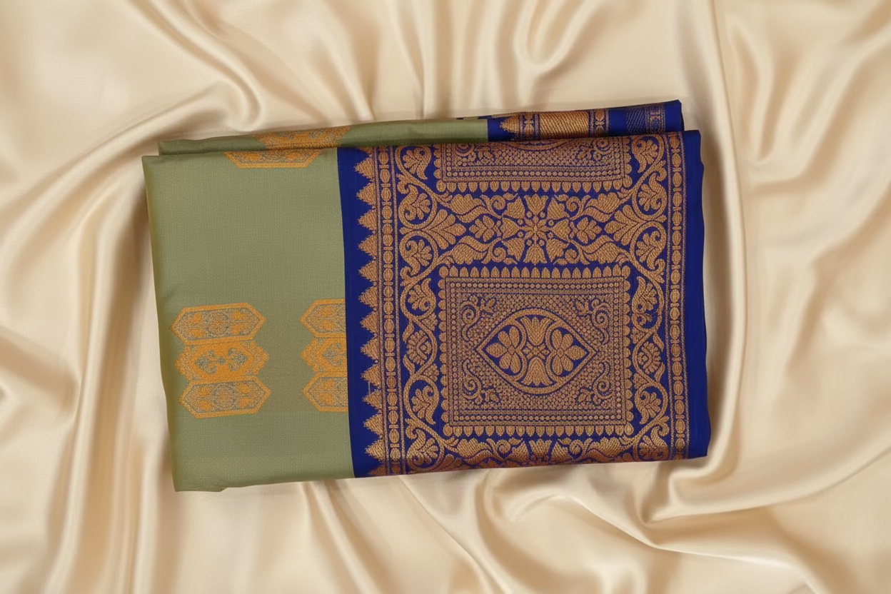 Semi-Silk in Kanchipuram boarder Saree -Olive Green and Navy Blue. Antique Gold Zari.