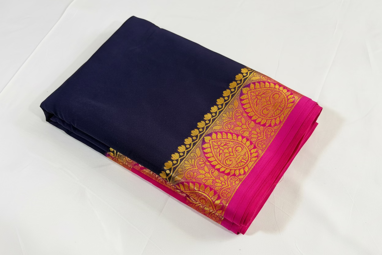 Mysore silk - Navy blue and pink saree with gold border